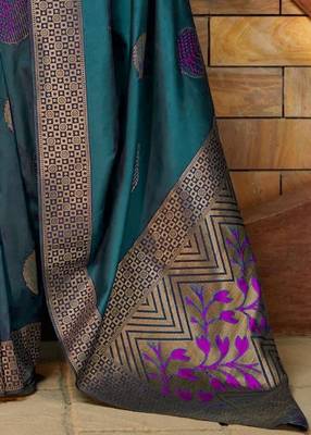 Turuoise silk blend banarasi saree with unstitched blouse piece 3