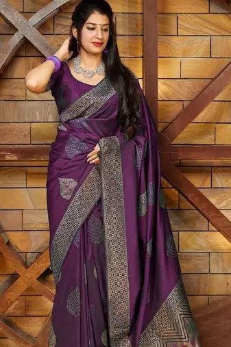 Wine soft silk blend banarasi jacuard work designer party wear saree with unstitched blouse piece