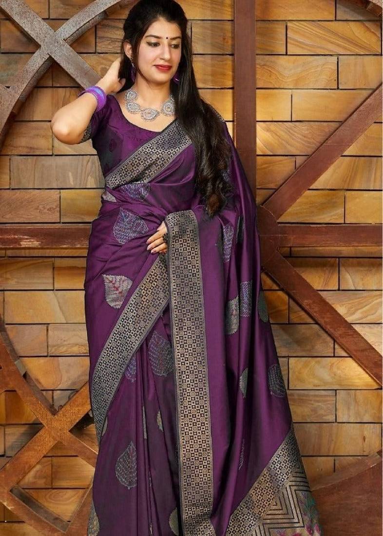 Wine soft silk blend banarasi jacuard work designer party wear saree with unstitched blouse piece