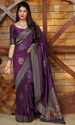Wine silk blend banarasi saree with unstitched blouse piece 2