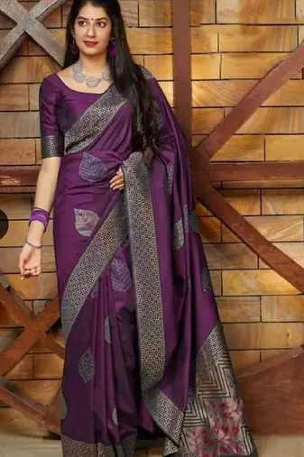 Wine silk blend banarasi saree with unstitched blouse piece
