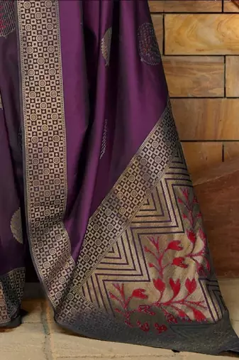 Wine silk blend banarasi saree with unstitched blouse piece