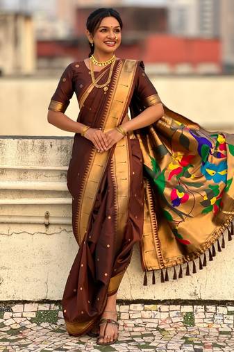Brown soft silk paithani nauvari zari weaving saree with matching blouse piece