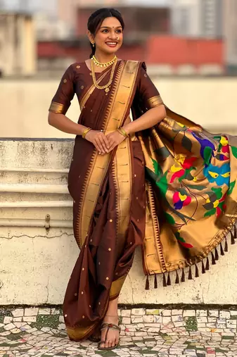 Brown soft silk paithani nauvari zari weaving saree with matching blouse piece