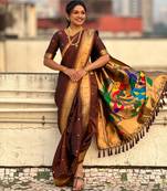 Brown soft silk paithani nauvari zari weaving saree with matching blouse piece