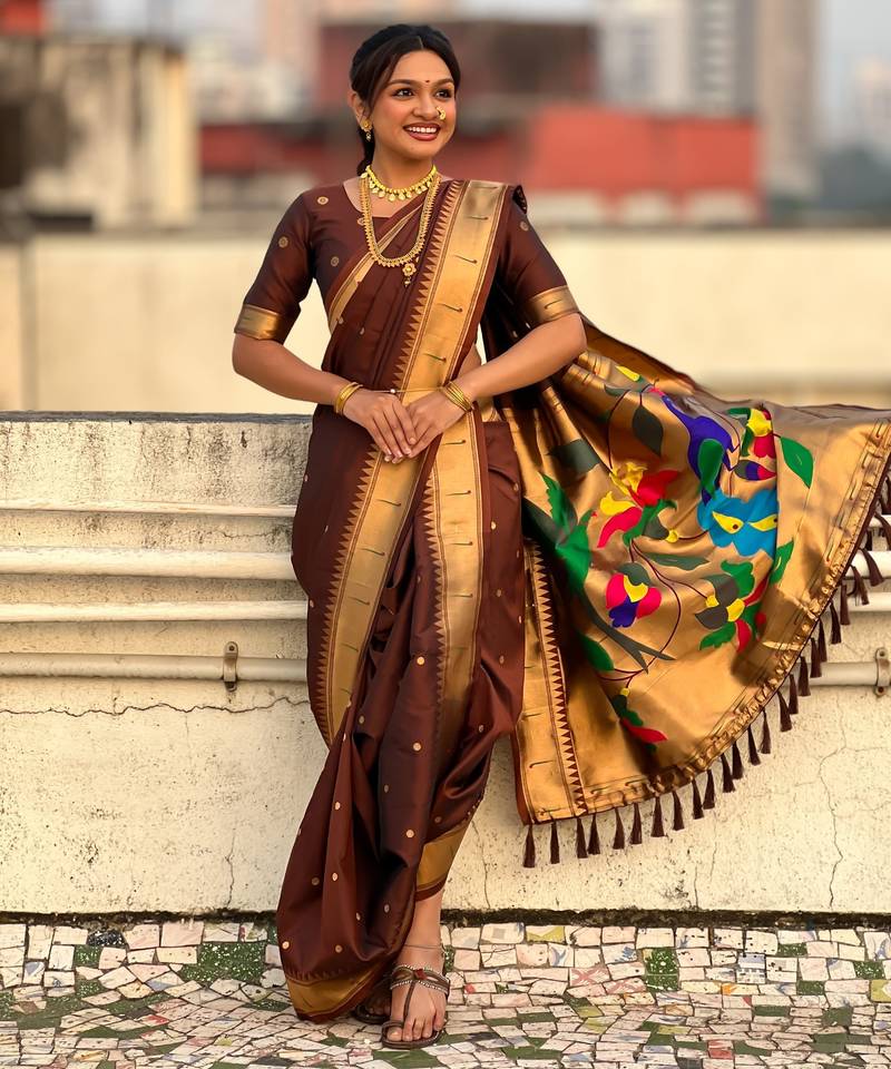 Brown soft silk paithani nauvari zari weaving saree with matching blouse piece