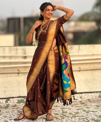 Brown soft silk paithani nauvari zari weaving saree with matching blouse piece 2