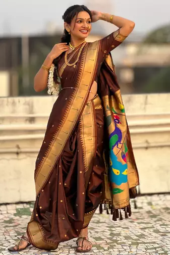 Brown soft silk paithani nauvari zari weaving saree with matching blouse piece