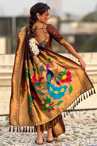 Brown soft silk paithani nauvari zari weaving saree with matching blouse piece