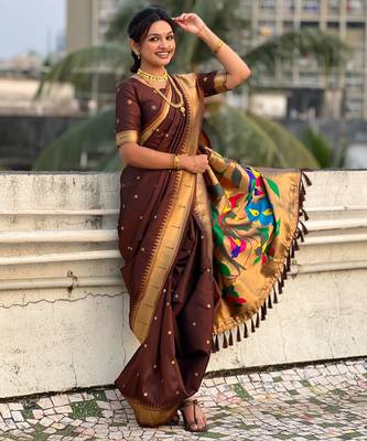 Brown soft silk paithani nauvari zari weaving saree with matching blouse piece 4
