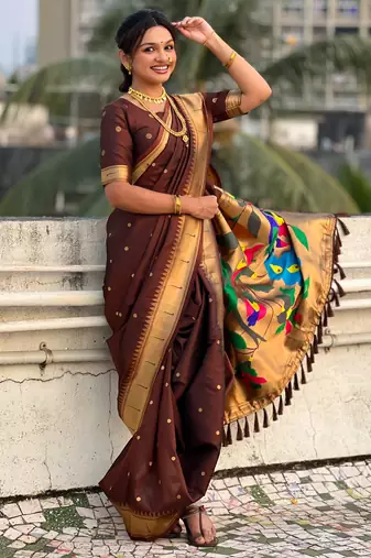 Brown soft silk paithani nauvari zari weaving saree with matching blouse piece