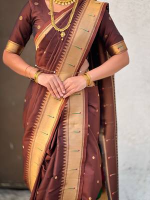 Brown soft silk paithani nauvari zari weaving saree with matching blouse piece 5