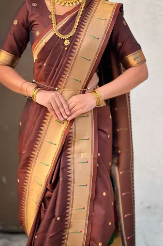 Brown soft silk paithani nauvari zari weaving saree with matching blouse piece