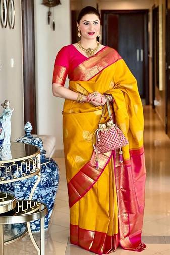 Yellow pink soft silk blend banarasi jacuard work designer party wear saree with unstitched blouse piece