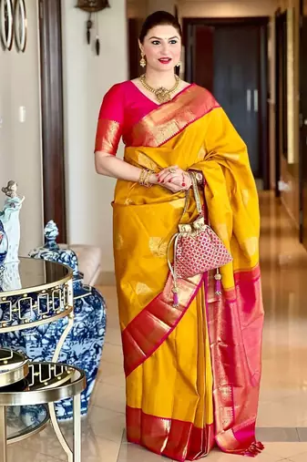 Yellow pink soft silk blend banarasi jacuard work designer party wear saree with unstitched blouse piece