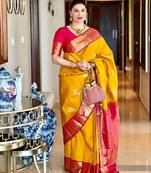 Yellow pink silk blend banarasi saree with unstitched blouse piece
