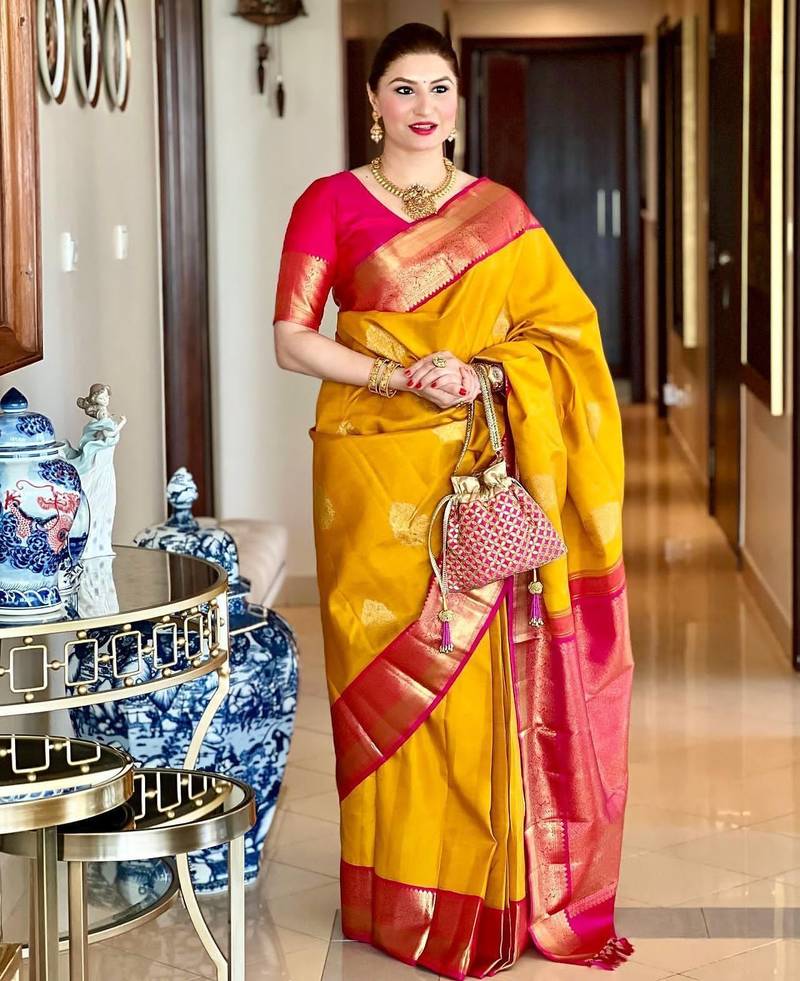 Yellow pink soft silk blend banarasi jacuard work designer party wear saree with unstitched blouse piece