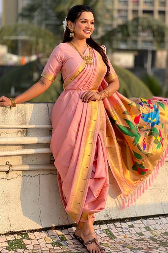 Pink soft silk paithani nauvari zari weaving saree with matching blouse piece