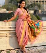 Pink soft silk paithani nauvari zari weaving saree with matching blouse piece