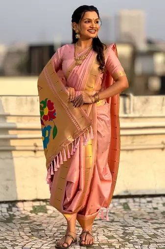 Pink soft silk paithani nauvari zari weaving saree with matching blouse piece
