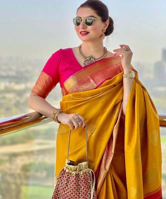 Yellow pink silk blend banarasi saree with unstitched blouse piece 4