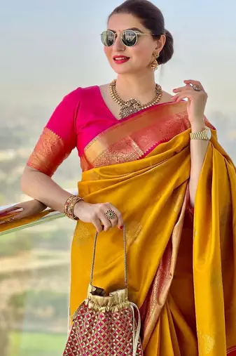 Yellow pink silk blend banarasi saree with unstitched blouse piece