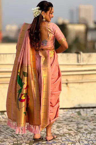 Pink soft silk paithani nauvari zari weaving saree with matching blouse piece