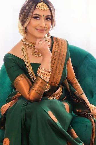 Green soft silk blend banarasi jacuard work designer party wear saree with unstitched blouse piece