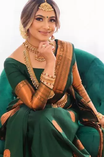 Green soft silk blend banarasi jacuard work designer party wear saree with unstitched blouse piece