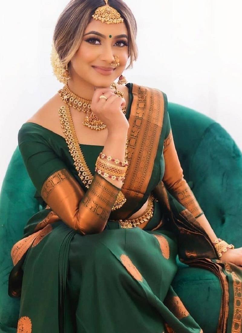 Green soft silk blend banarasi jacuard work designer party wear saree with unstitched blouse piece