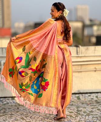 Pink soft silk paithani nauvari zari weaving saree with matching blouse piece 4