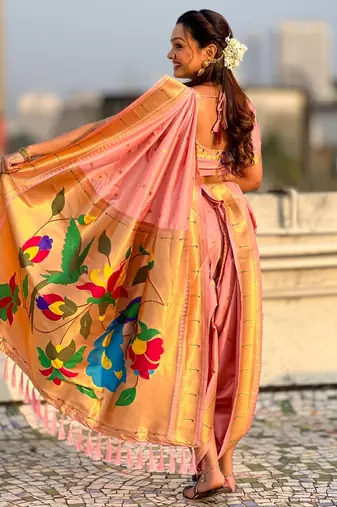 Pink soft silk paithani nauvari zari weaving saree with matching blouse piece