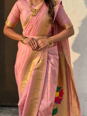 Pink soft silk paithani nauvari zari weaving saree with matching blouse piece 5