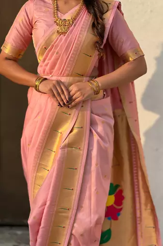 Pink soft silk paithani nauvari zari weaving saree with matching blouse piece