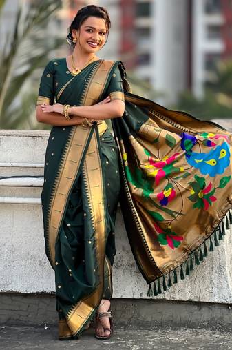 Green soft silk paithani nauvari zari weaving saree with matching blouse piece