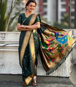 Green soft silk paithani nauvari zari weaving saree with matching blouse piece