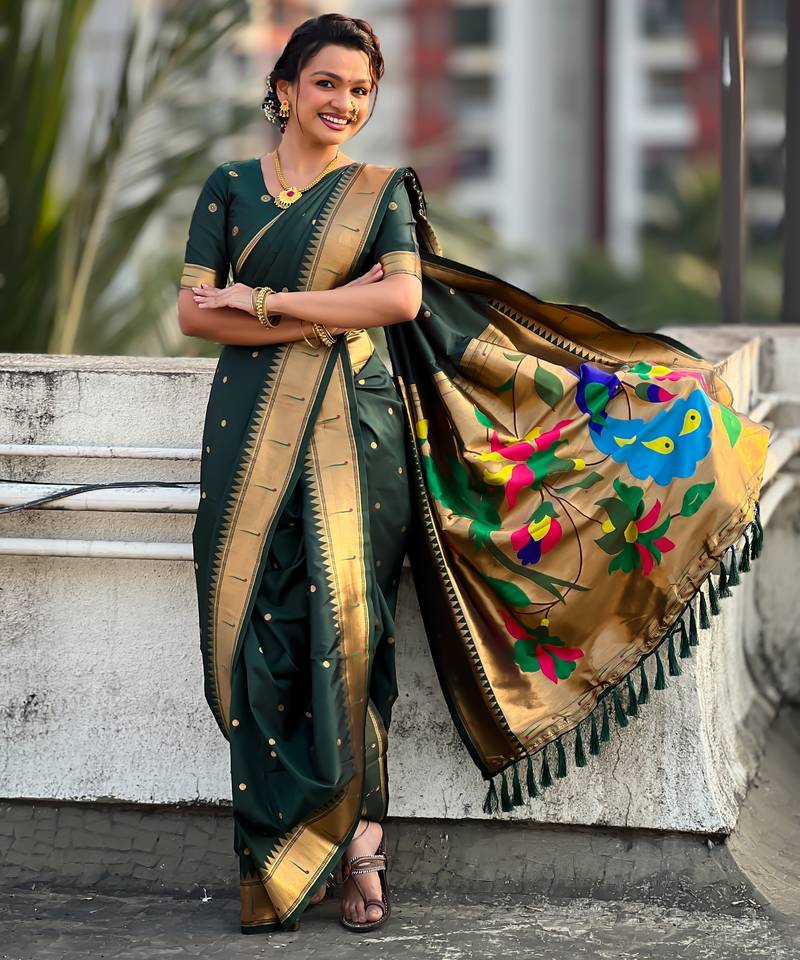 Green soft silk paithani nauvari zari weaving saree with matching blouse piece