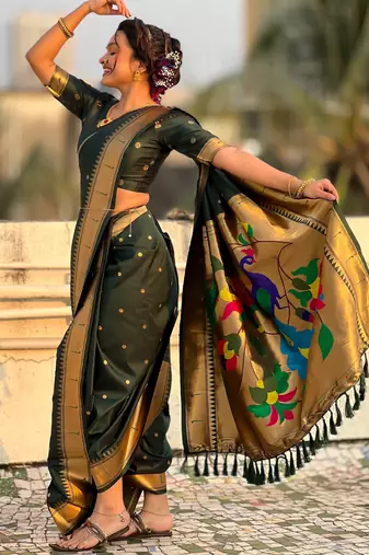 Green soft silk paithani nauvari zari weaving saree with matching blouse piece