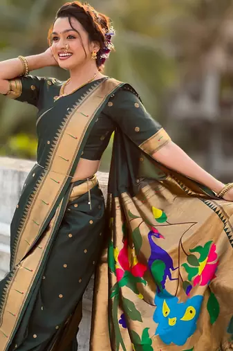 Green soft silk paithani nauvari zari weaving saree with matching blouse piece