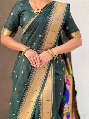 Green soft silk paithani nauvari zari weaving saree with matching blouse piece 5