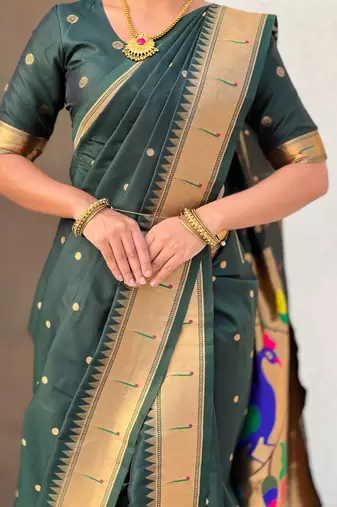 Green soft silk paithani nauvari zari weaving saree with matching blouse piece