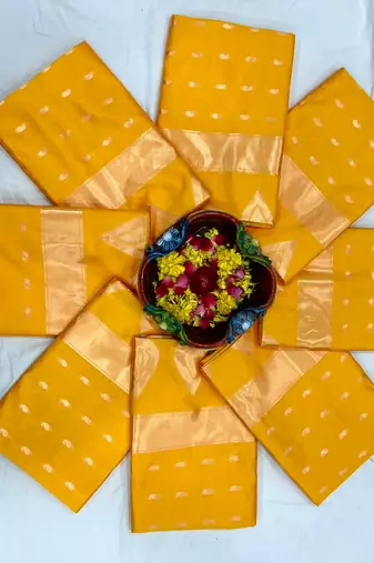 Yellow silk blend banarasi saree with unstitched blouse piece