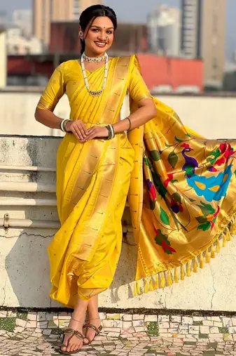 Mustard soft silk paithani nauvari zari weaving saree with matching blouse piece