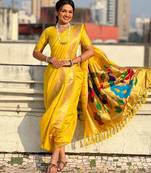 Mustard soft silk paithani nauvari zari weaving saree with matching blouse piece