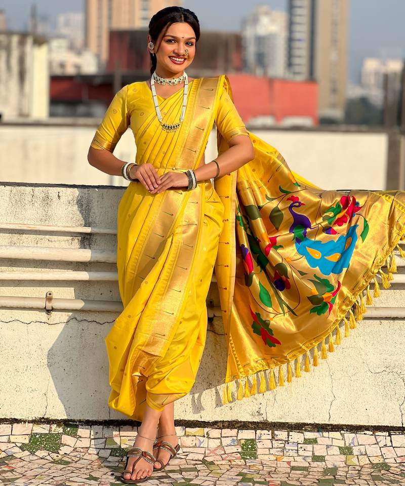 Mustard soft silk paithani nauvari zari weaving saree with matching blouse piece