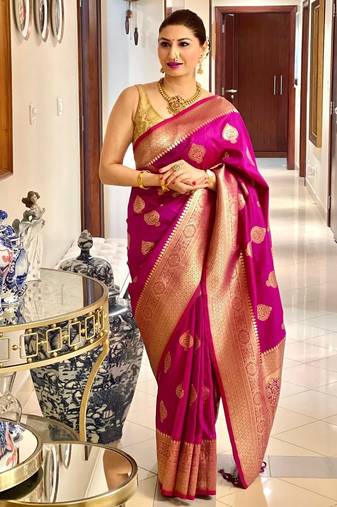 Pink soft silk blend banarasi jacuard work designer party wear saree with unstitched blouse piece