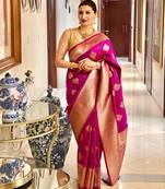 Pink silk blend banarasi saree with unstitched blouse piece