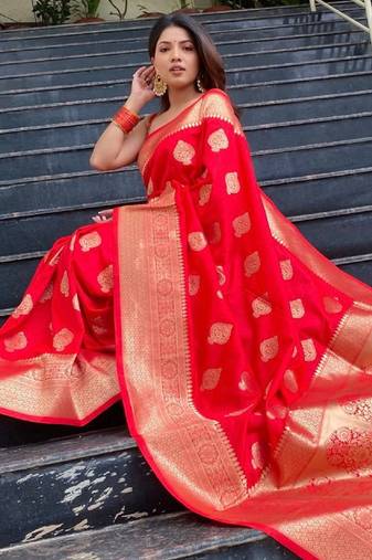 Red soft silk blend banarasi jacuard work designer party wear saree with unstitched blouse piece