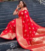 Red silk blend banarasi saree with unstitched blouse piece