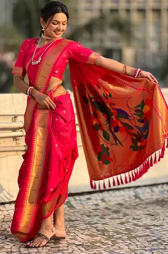 Pink soft silk paithani nauvari zari weaving saree with matching blouse piece